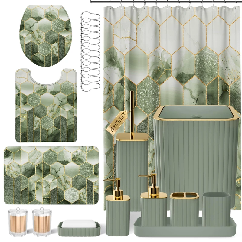XLHOMO Bathroom Set - 26PC Bathroom Set with Shower Curtain and Rugs, Bathroom Accessory Set, Sage Green Bathroom Accessories Set, Trash Can & Soap Dispenser