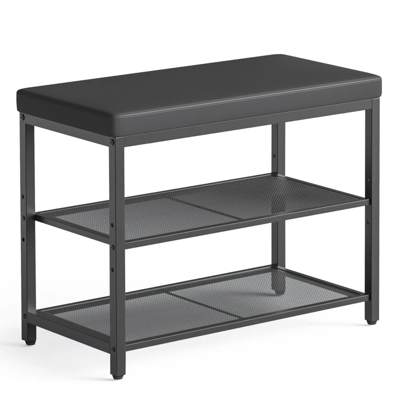 Mondeer Shoe Bench, 3-tier Shoe Rack with Cushion Seat, Shoe Organizer with Adjustable Height Storage Shelf Industrial Style, for Entryway Hallway Living Room Bedroom, 60 x 30 x 50 cm, Black