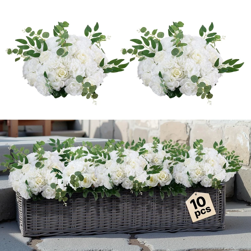 VEVOR Flower Balls Arrangement Bouquet 10 PCS, 17.7-Inch Max Diameter Artificial Flower Balls Wedding White Roses Centerpieces, Faux Flowers Arrangements for Wedding Centerpiece Home Table Decorations