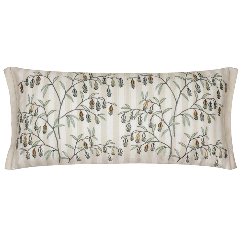 Sanderson Chinese Lanterns Feather Filled Cushion – Floral Embroidered Striped Decorative Accent Pillow (Linen - 30x65cm) - Image 1