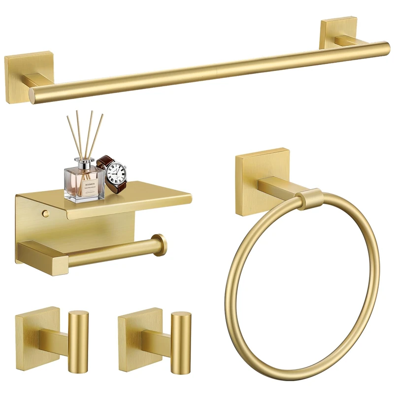 TURS 5-Pieces Brushed Gold Bathroom Hardware Set 23.6 Inch SUS304 Stainless Steel Towel Bar Set Wall Mounted Square Toilet Paper Holder with Shelf
