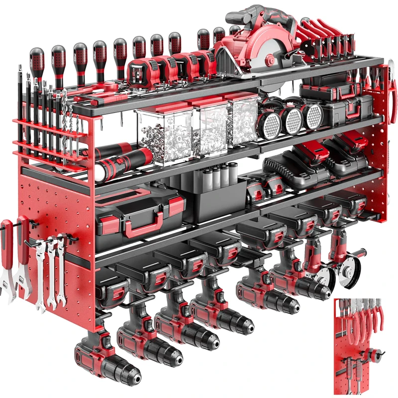 ODSNANIE Power Tool Organizer Wall Mount, Cordless Drill Hanger Storage Rack 8 Drill Holder, 4 Layer Heavy Metal Large Capacity Tool Rack for Garage Organization (Red, 8 Drills Holder)