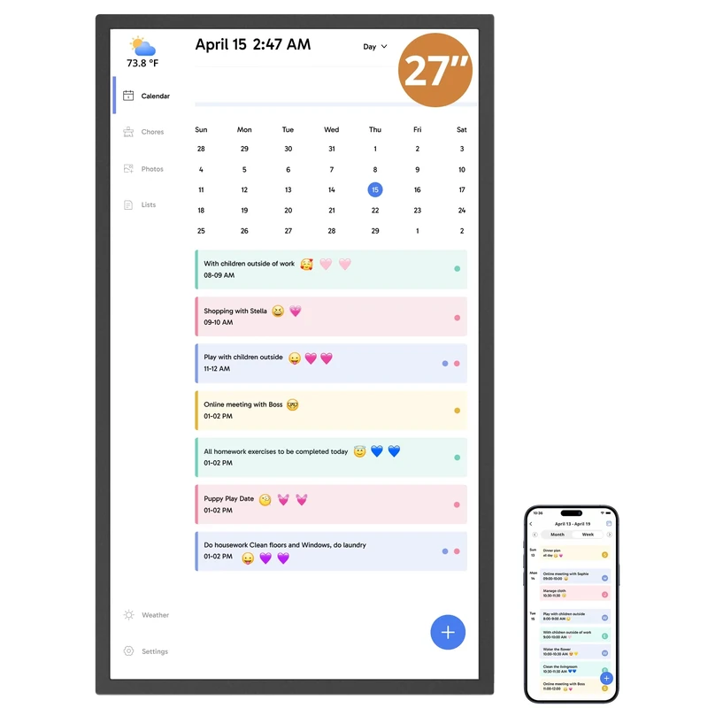2026 Digital Calendar, 27 Inch Electronic Calendar Planner for Chore Chart and Home Organization, Interactive Touch Screen Desktop & Wall Mountable, a Gift for Families, Black