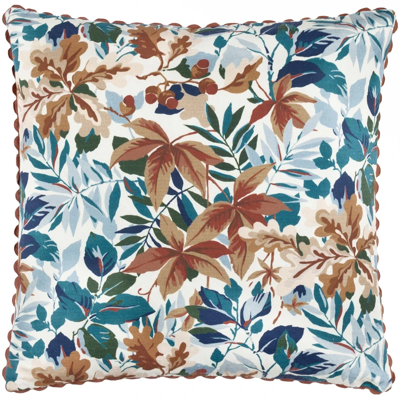 Sanderson Robins Wood Feather Filled Cushion – Botanical Oak Leaf Decorative Accent Pillow with Trim (Russet/Ink - 50x50cm)