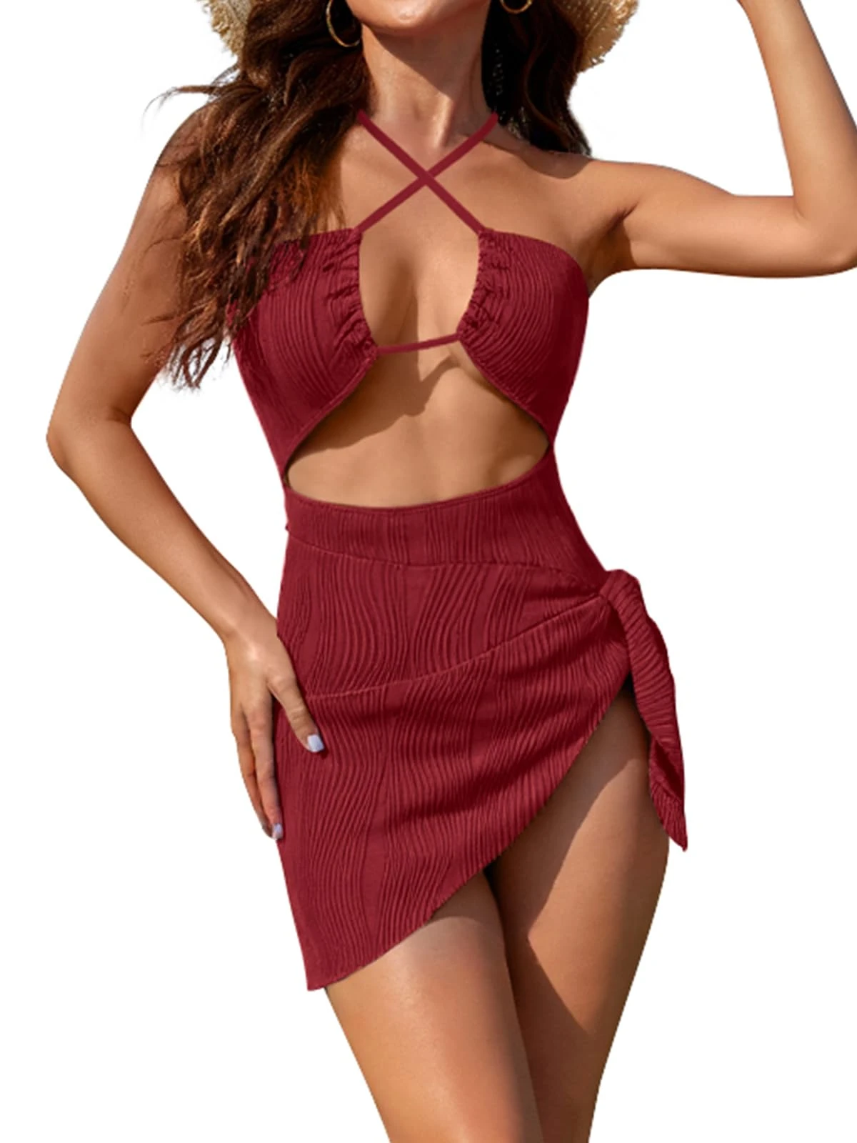 Oheyeseker Women One Piece Swimsuit Sexy Criss Cross Halter Cutout Bathing Suit with Cover Up Tummy Control Swimwear（M,Wine Red
