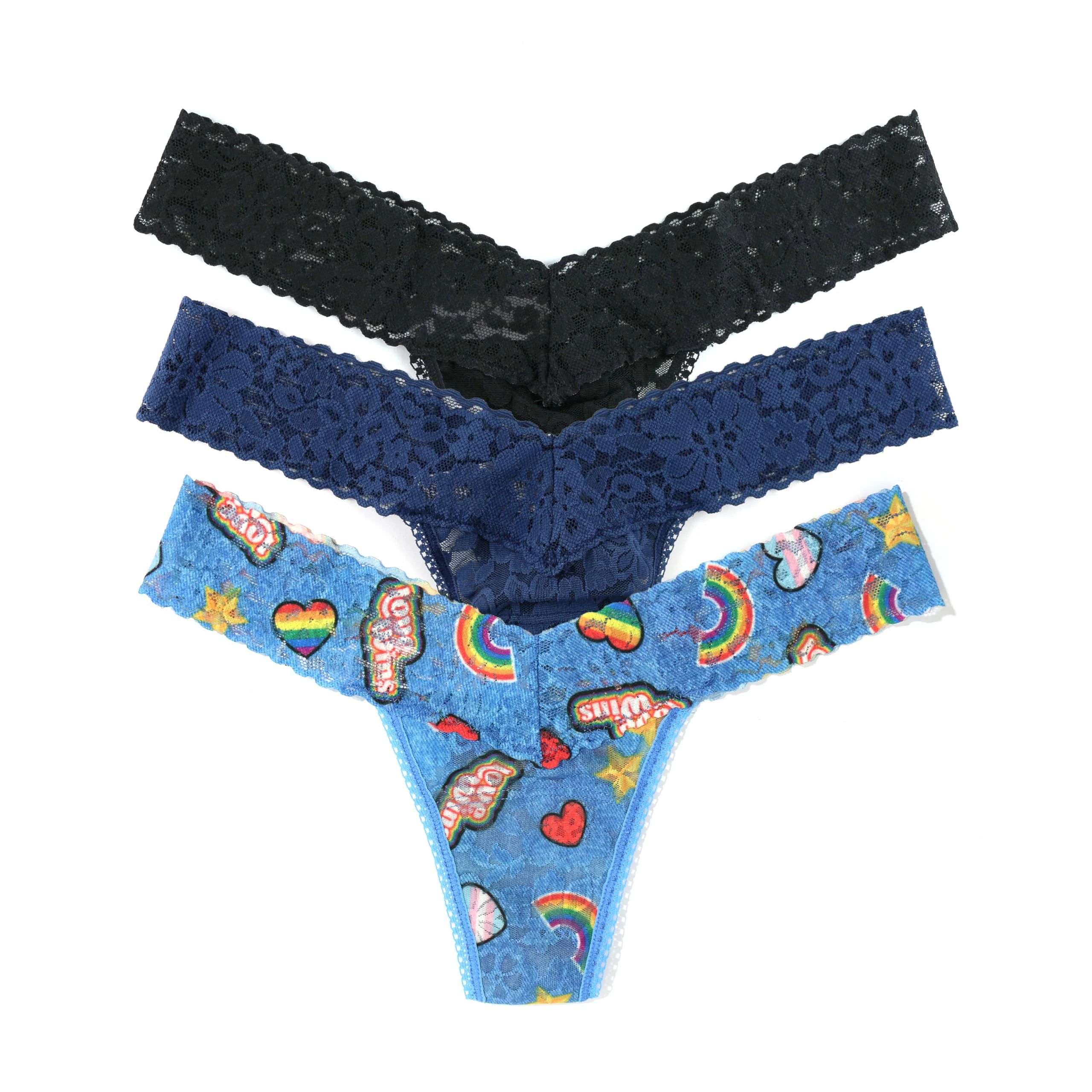 hanky panky - Daily Lace Low Rise Thongs for Women | 3 pack | Comfortable Seamless Underwear Lingerie | One Size (2-12), Black/Summer Love/Nightshade, One size