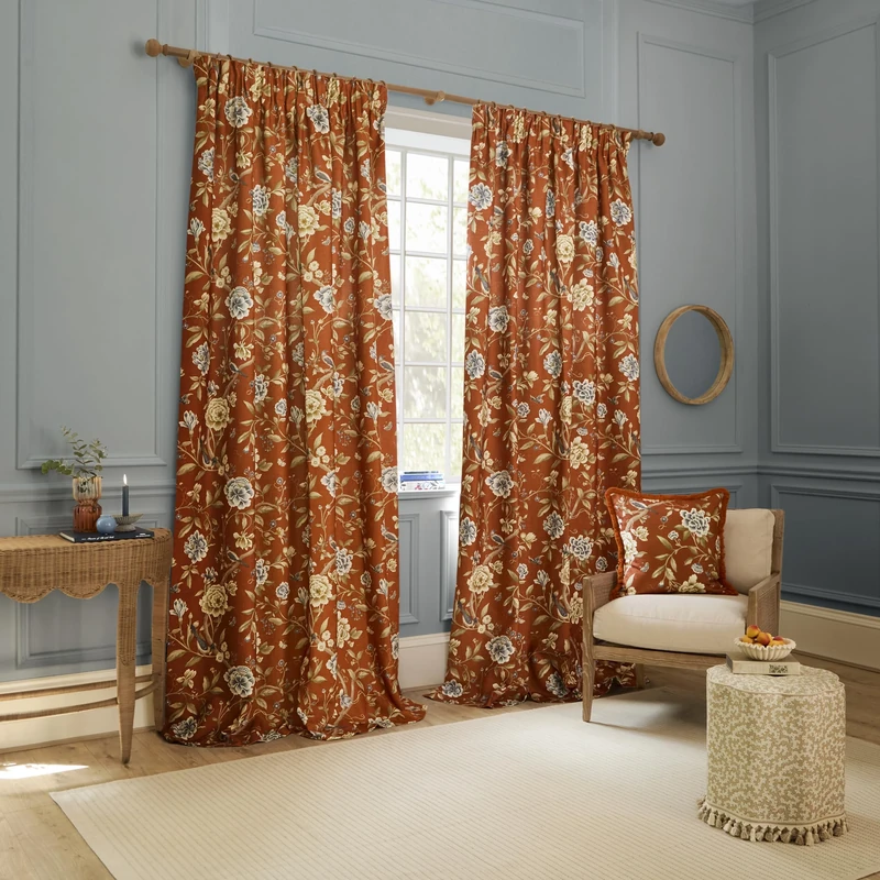 Sanderson Porcelain Garden Room Darkening Pencil Pleat Curtain Pair – Chenille Peony Bird Lined Drapes (Rust - 229x183cm)