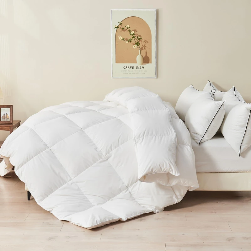 TOPGREEN 100% Organic Feather Down Comforter Super King, Luxury Extra-Fluffy Duvet Insert, All Season Bed Comforter with Ultra-Soft Organic Cotton Case (120x120 Inch, Ivory White)