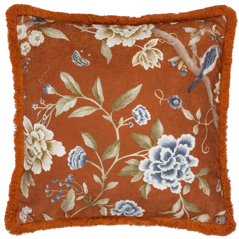 Sanderson Porcelain Garden Feather Filled Cushion – Chenille Peony Bird Decorative Accent Pillow with Cotton Fringe (Rust - 50x50cm)