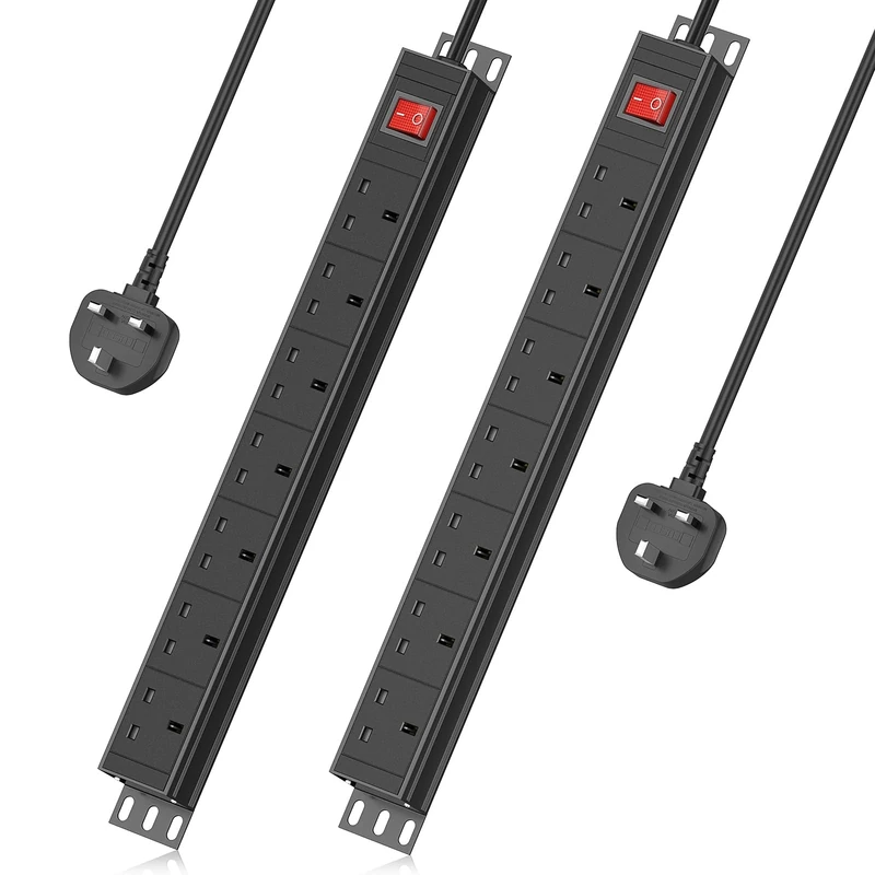 2-Pack 7 Way Extension Lead Surge Protection, Rack Mount Power Strip 7 Outlet, Aluminum Alloy, 1,8M Cable