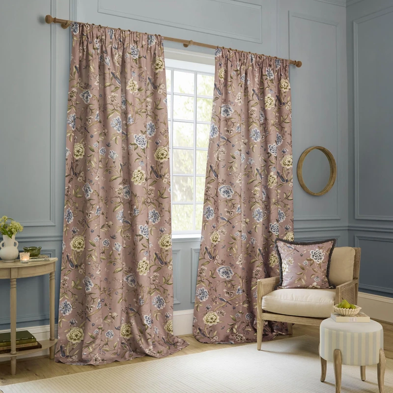 Sanderson Porcelain Garden Room Darkening Pencil Pleat Curtain Pair – Chenille Peony Bird Lined Drapes (Blush - 168x229cm)