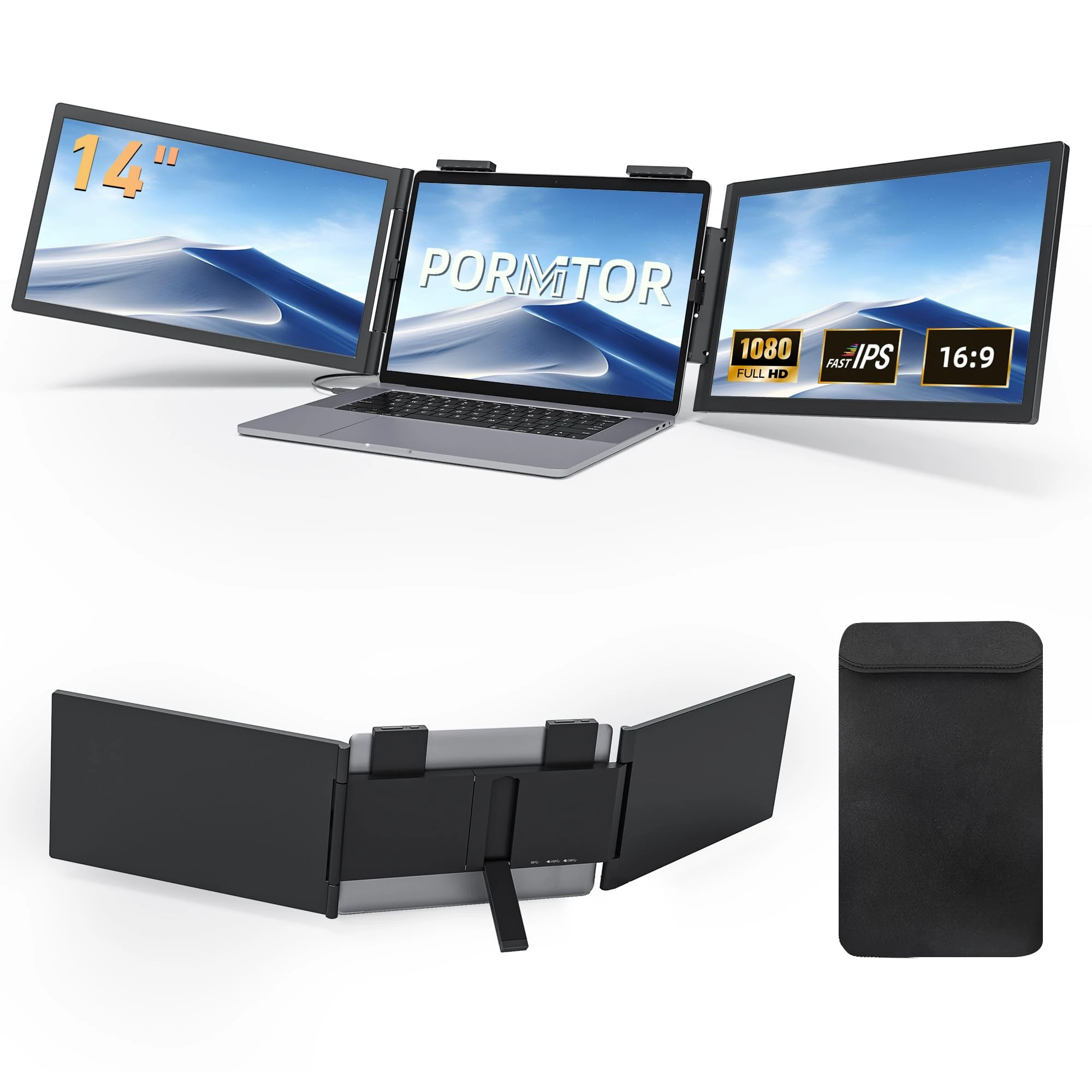 Pornitor Laptop Screen Extender, 14’’ FHD 1080P Triple Portable Monitor for Laptop with Ultra-Slim IPS Display, USB-C Plug and Play Multi Screen Attachment for Windows/Mac/Android