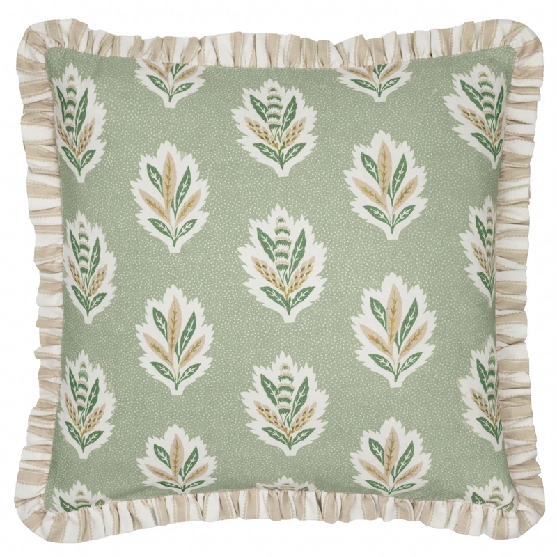 Sanderson Sessile Leaf Feather Filled Cushion – Botanical Oak Leaf Decorative Pillow with Striped Reverse and Ruffled Trim (Sage - 50x50cm)