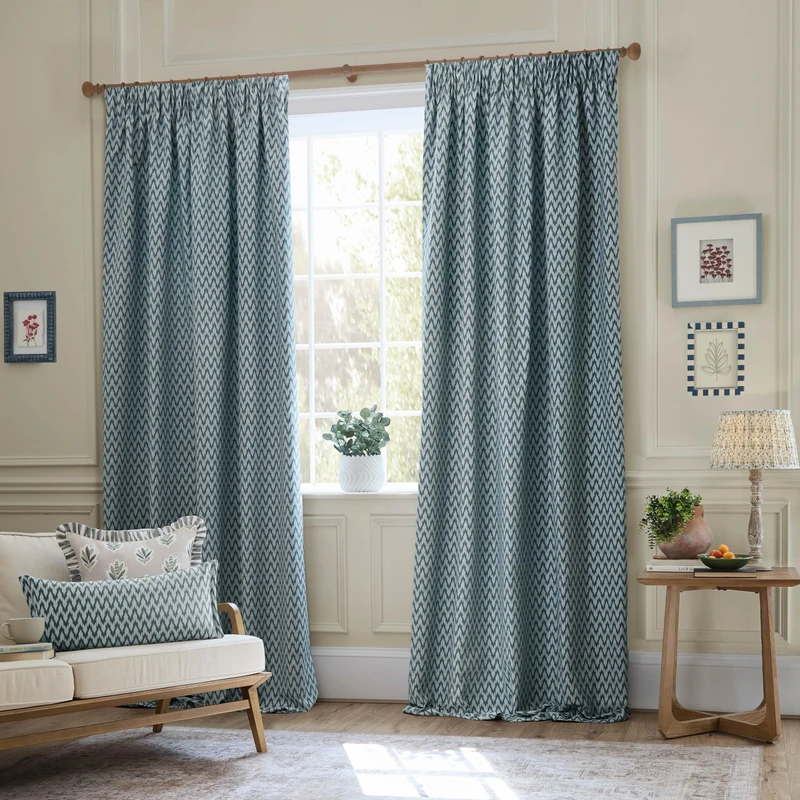 Sanderson Hutton Room Darkening Pencil Pleat Curtain Pair – Ikat Woven Jacquard Lined Drapes (Blue - 229x137cm)