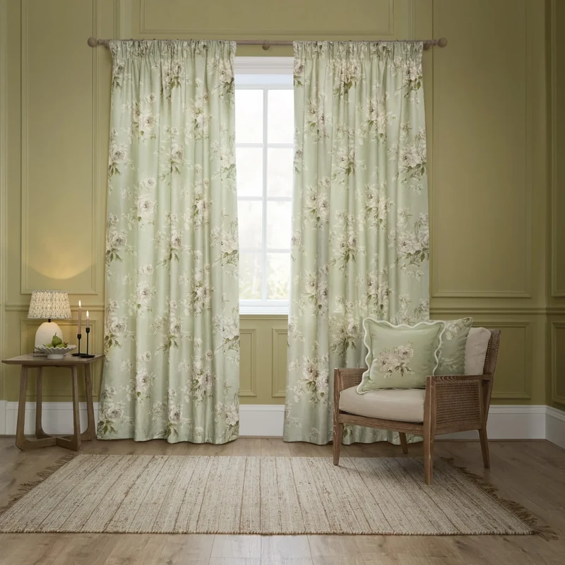 Sanderson Adele Room Darkening Pencil Pleat Curtain Pair – Botanical Floral Peony Lined Chenille Drapes (Sage - 117x137cm)