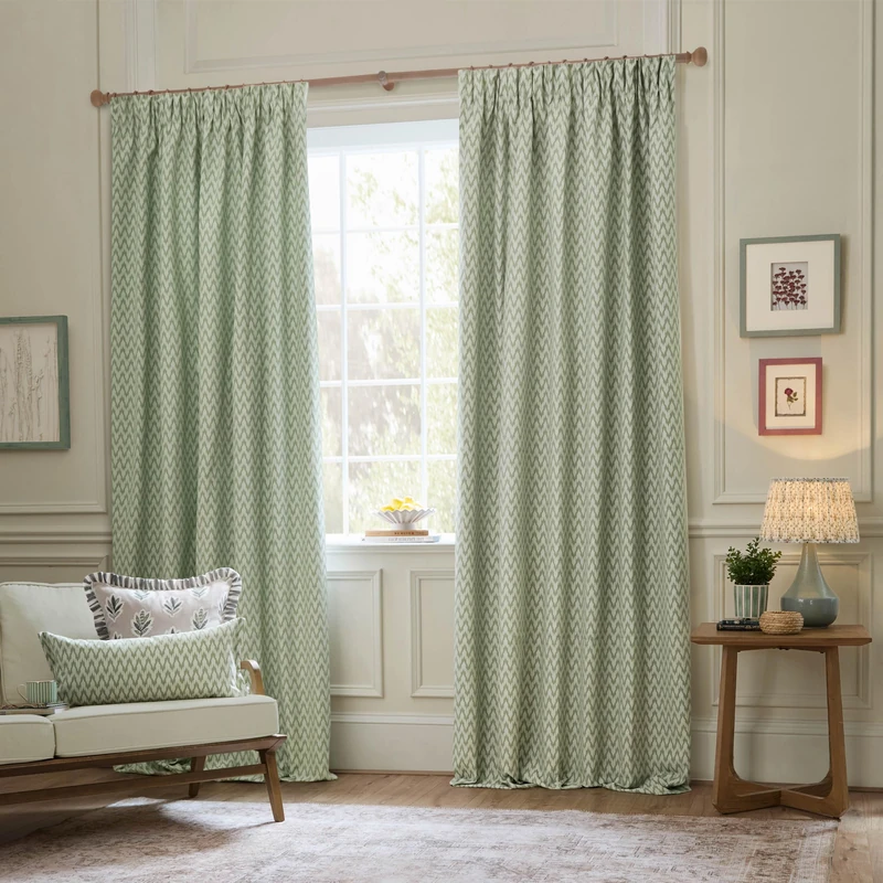 Sanderson Hutton Room Darkening Pencil Pleat Curtain Pair – Ikat Woven Jacquard Lined Drapes (Sage - 168x137cm)