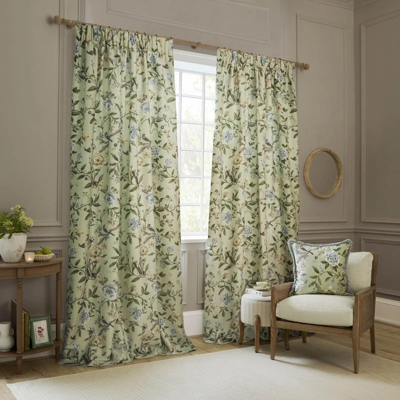 Sanderson Porcelain Garden Room Darkening Pencil Pleat Curtain Pair – Chenille Peony Bird Lined Drapes (Sage - 117x183cm) - Image 1