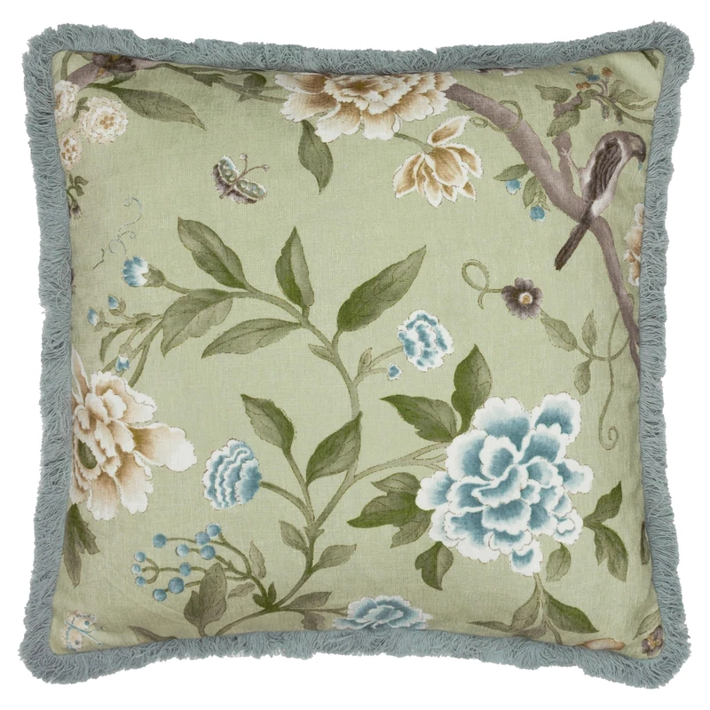 Sanderson Porcelain Garden Feather Filled Cushion – Chenille Peony Bird Decorative Accent Pillow with Cotton Fringe (Sage - 50x50cm)