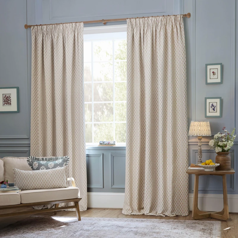 Sanderson Hutton Room Darkening Pencil Pleat Curtain Pair – Ikat Woven Jacquard Lined Drapes (Linen - 229x137cm)