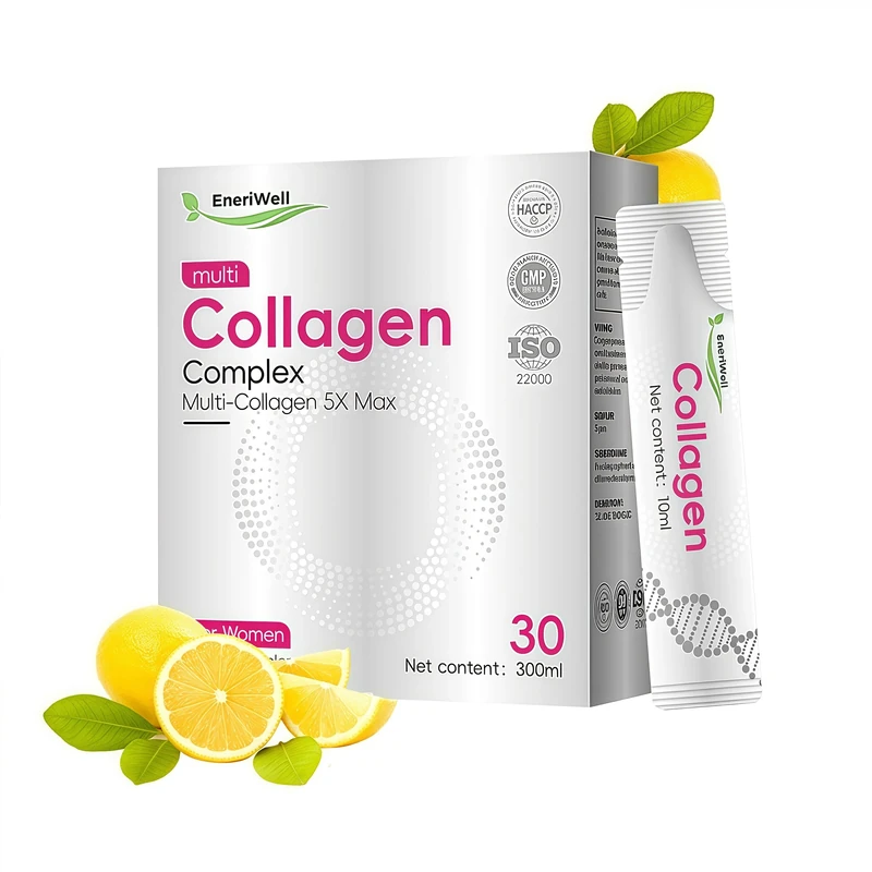 EneriWell Multi Collagen Supplements for Women, Men, 3000mg Hydrolyzed Bovine Collagen Peptides with Type 2, Biotin Vitamins C, Glow up for Skin, Hair, Nails & Joints, Halal, Liquid, Travel 30 sachets