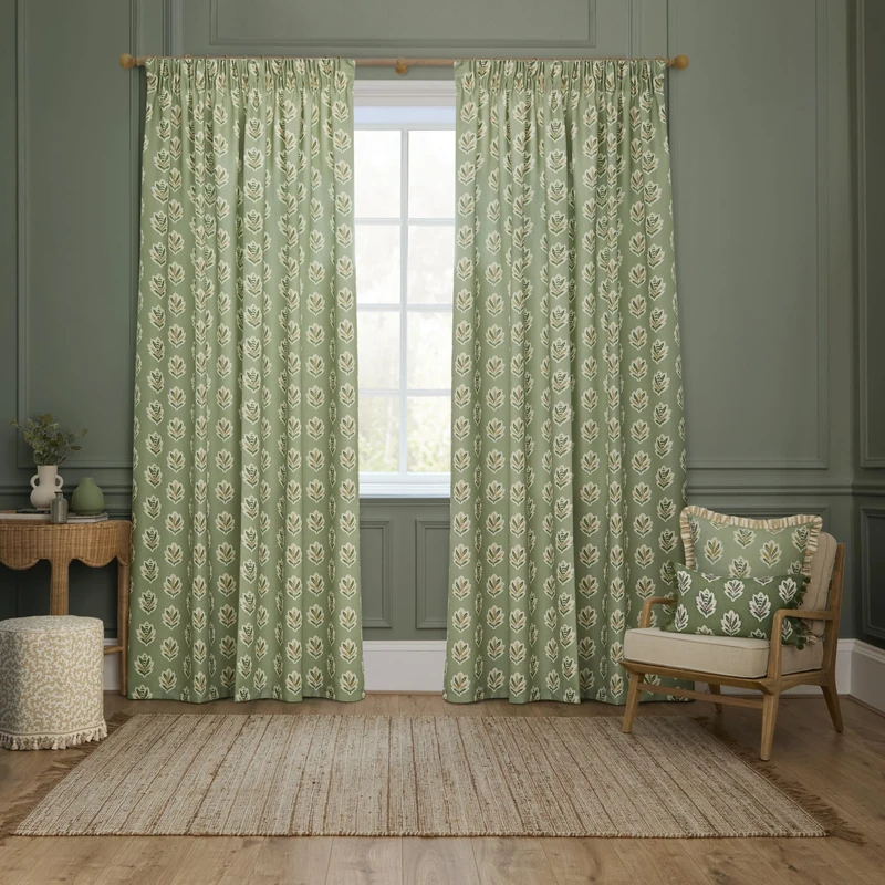 Sanderson Sessile Leaf Room Darkening Pencil Pleat Curtain Pair – Lined Botanical Oak Leaf Drapes (Sage - 117x183cm)