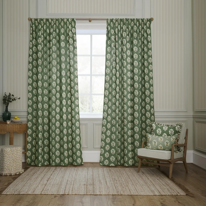 Sanderson Sessile Leaf Room Darkening Pencil Pleat Curtain Pair – Lined Botanical Oak Leaf Drapes (Leaf Green - 229x137cm)