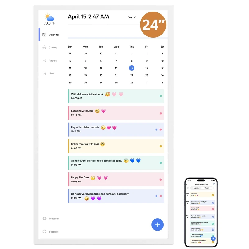 2026 Digital Calendar, 24 Inch Electronic Calendar Planner for Chore Chart and Home Organization, Interactive Touch Screen Desktop & Wall Mountable, a Gift for Families, White