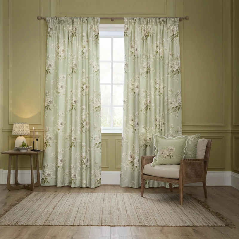 Sanderson Adele Room Darkening Pencil Pleat Curtain Pair – Botanical Floral Peony Lined Chenille Drapes (Sage - 168x183cm)