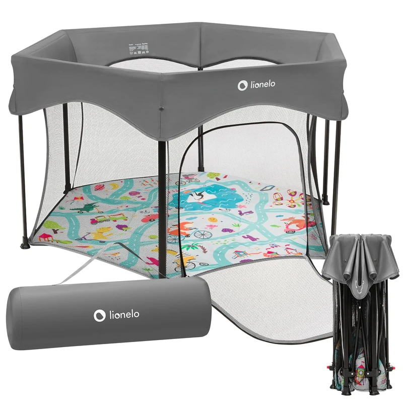 LIONELO Playpen & Travel Cot Roel Large Hexagonal Playard 134 × 118 × 83 cm with Mattress, Mesh Transparent Walls, Padded Frame, Portable, Foldable LockGuard Safety, for Toddlers 6 36 Months