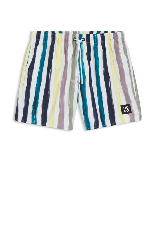HUGO Mens Dino Stripe-Print Swim Shorts in Quick-Dry Fabric