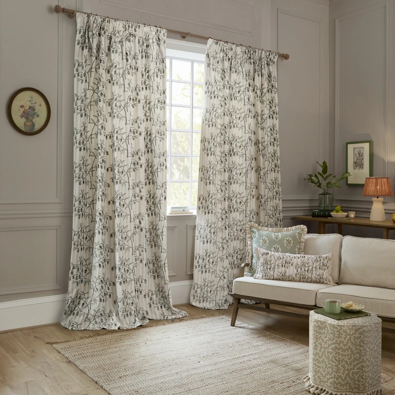 Sanderson Chinese Lanterns Room Darkening Pencil Pleat Curtain Pair– Floral Embroidered Striped Lined Drapes (Linen - 168x183cm)