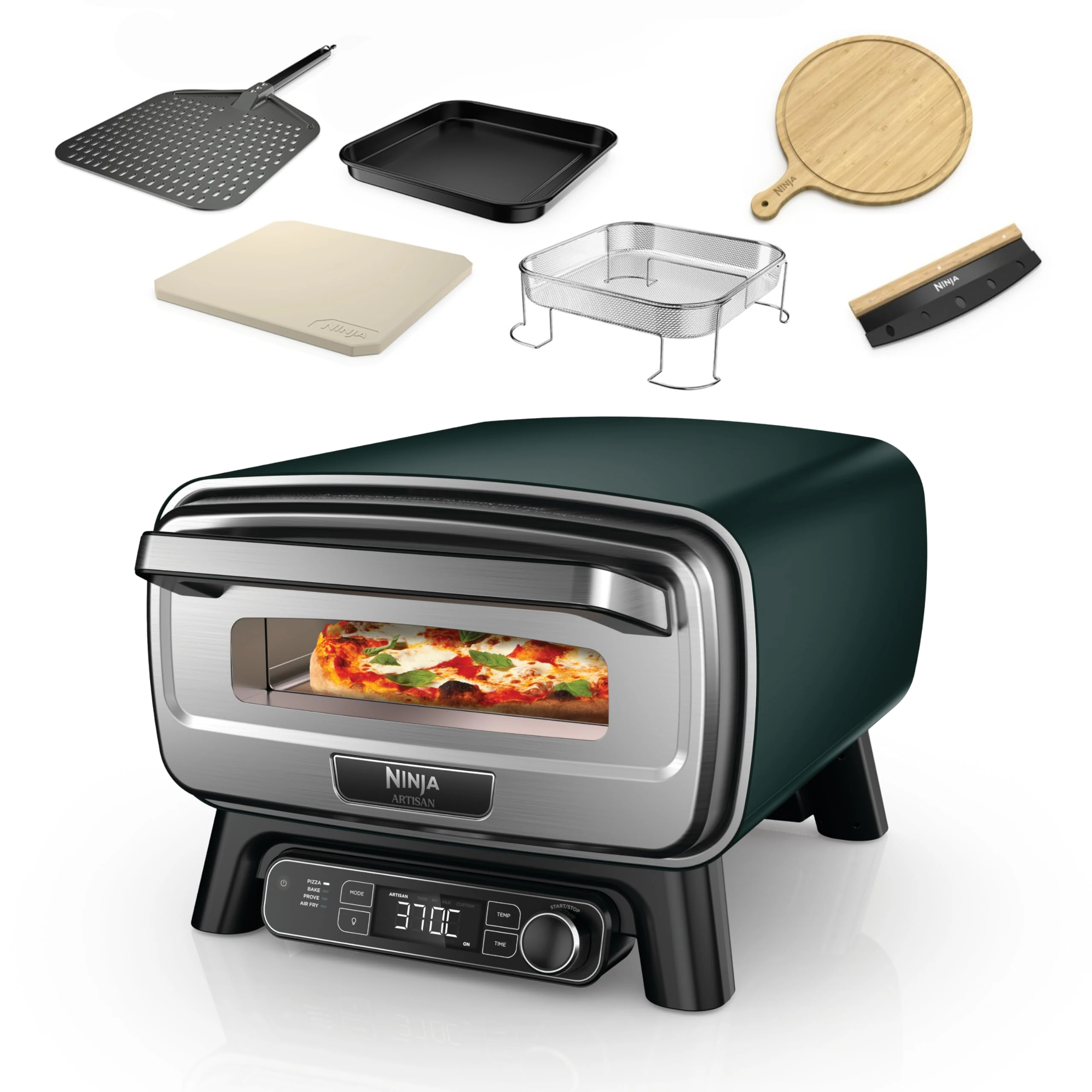 Ninja Artisan Electric Outdoor Pizza Oven & Air Fryer, 4 Functions: Pizza, Air Fry, Bake & Prove, 5 Pizza Settings, Includes Pizza Stone, Pizza Peel, Baking Tray & Air Fry Basket, Green, MO201AMZUK