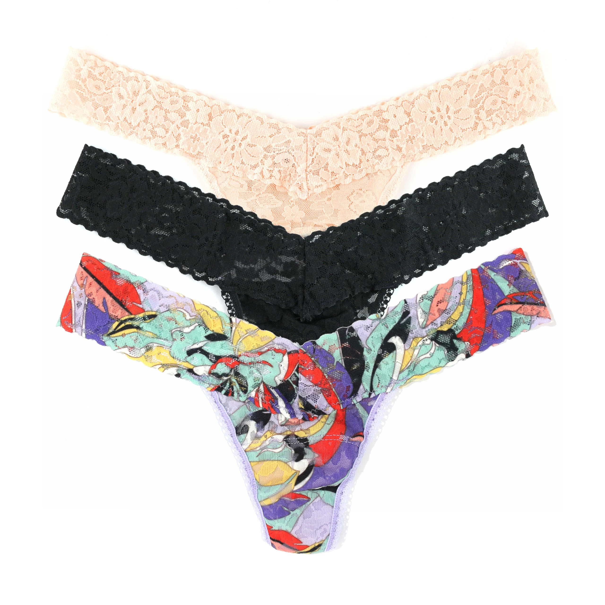 hanky panky - Daily Lace Low Rise Thongs for Women | 3 pack | Comfortable Seamless Underwear Lingerie | One Size (2-12), Black/Summer Solstice/Vanilla, One size