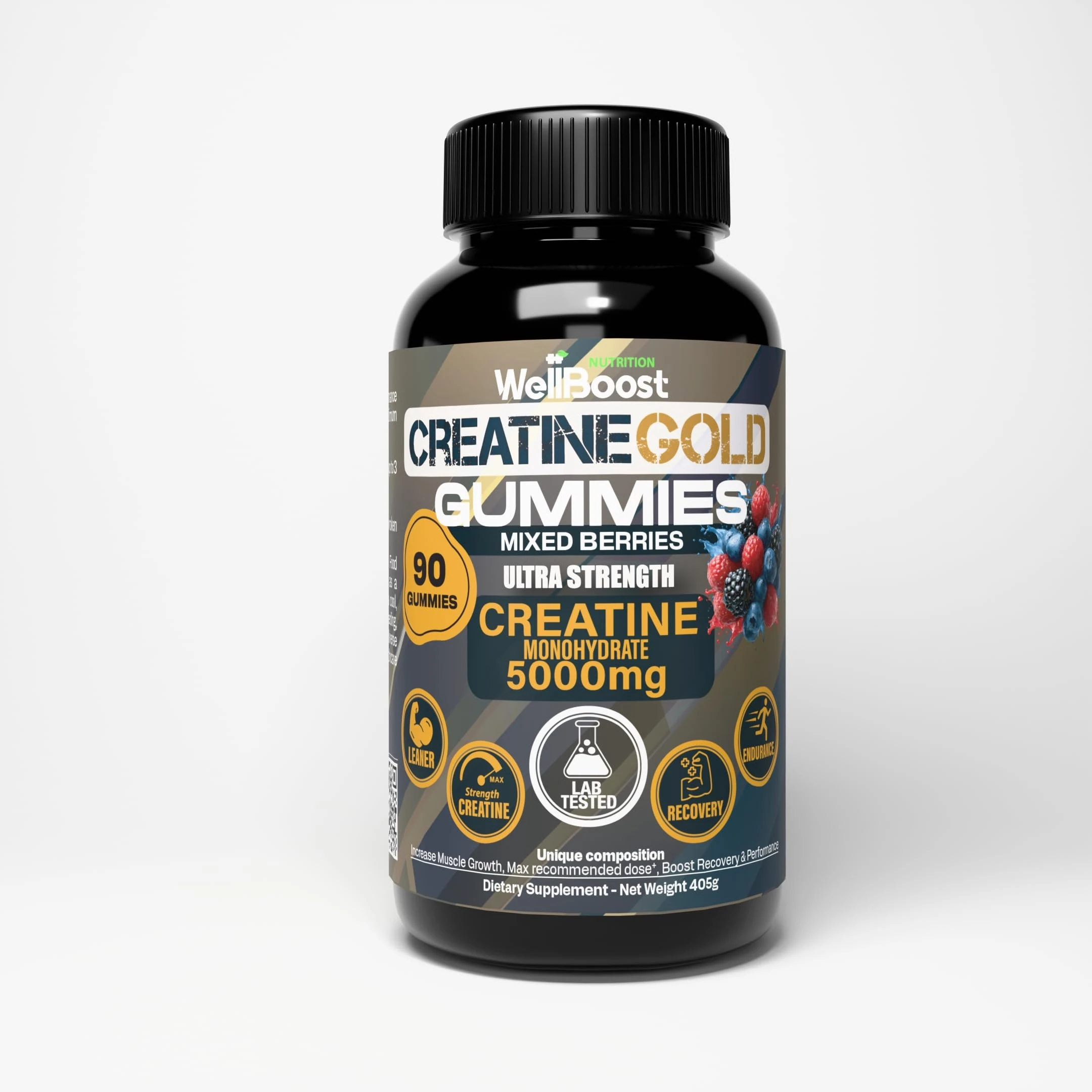WellBoost Creatine Gold – 5000mg Creatine Monohydrate, Vegan, Sugar-Free Gummies for Lean Muscle Growth, Endurance, Recovery & Energy (1 Month Supply) with Mixed Berry Flavour.