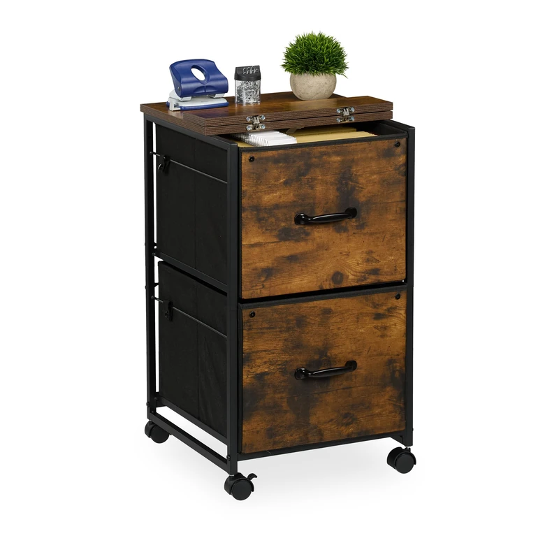Relaxdays Mobile Filing Cabinet, 2 Drawers with Suspension Files, Industrial Design, 68x40x40 cm, Office, Brown/Black