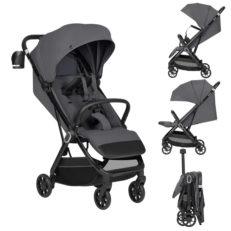 LIONELO Bess Baby Stroller (6-48 Months) up to 22 kg, Compact One Hand Folding, Reclining Function, Buggy with 360° PU Wheels and Suspension, UPF50+ Sun Canopy, Lightweight with Carry Bag, Grey