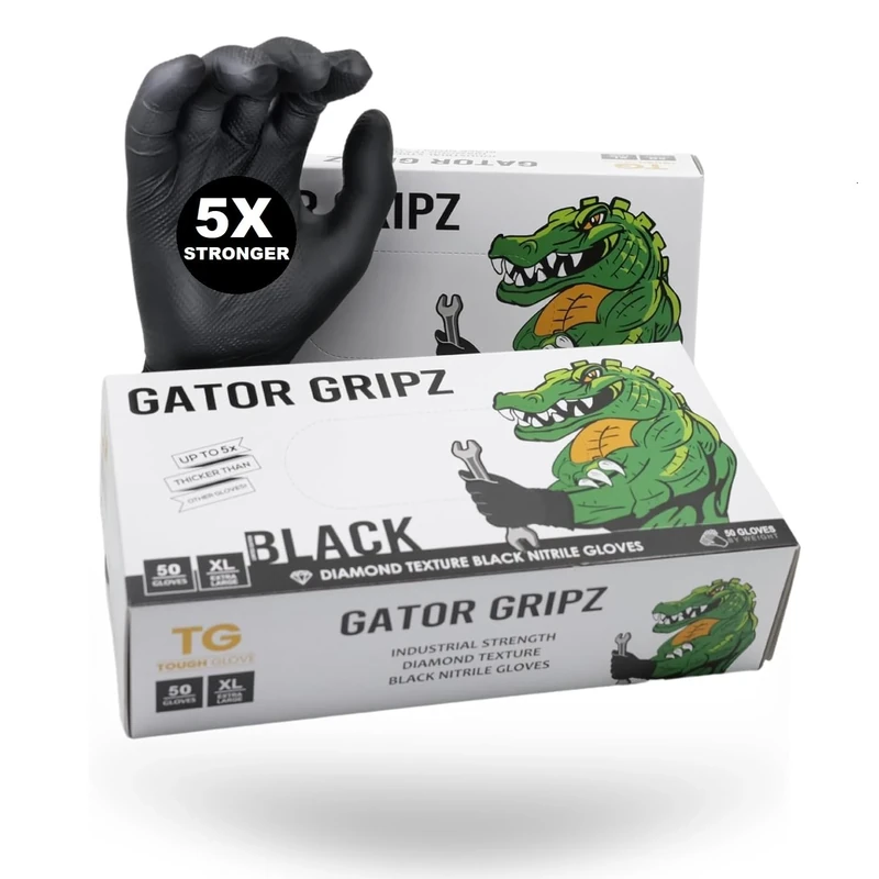 TG TOUGH GLOVE Gator Gripz Nitrile Gloves (Pack Of 50) | Diamond Texture Black Disposable | Powder & Latex Free | Strong Heavy-Duty | M