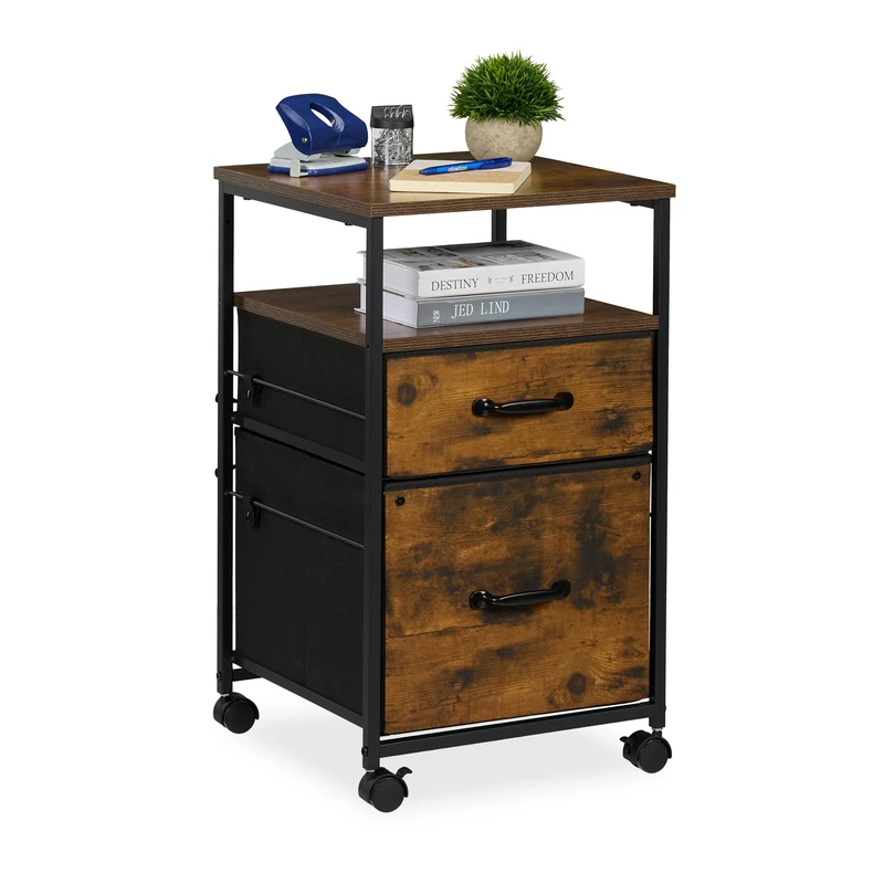 Relaxdays Mobile Filing Cabinet, 2 Drawers, Suspension Files, Wheels, Industrial Style, 68x40x40 cm, Office, Brown/Black