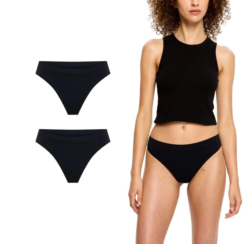 Modibodi Period Pants for Women - Soft Stretch Black Seamless Thong - 2 Pack Leakproof Underwear for Women - Light Flow 20ML Absorbency - L/16-18