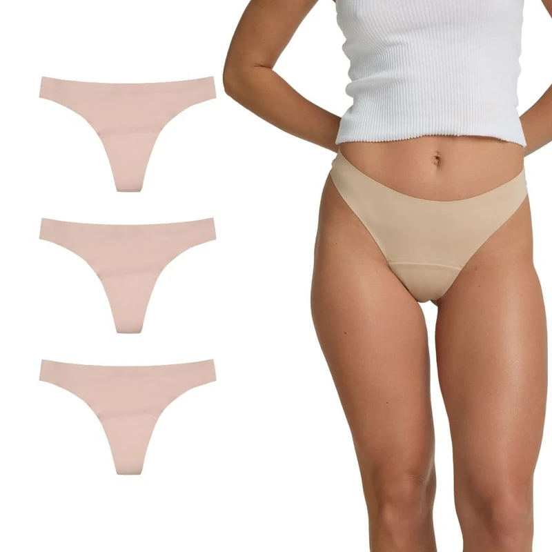 Modibodi Period Pants for Women - Seamfree Thong - 3 Pack Period Underwear Cashew - Light Flow 20 ML Absorbency - 10/S