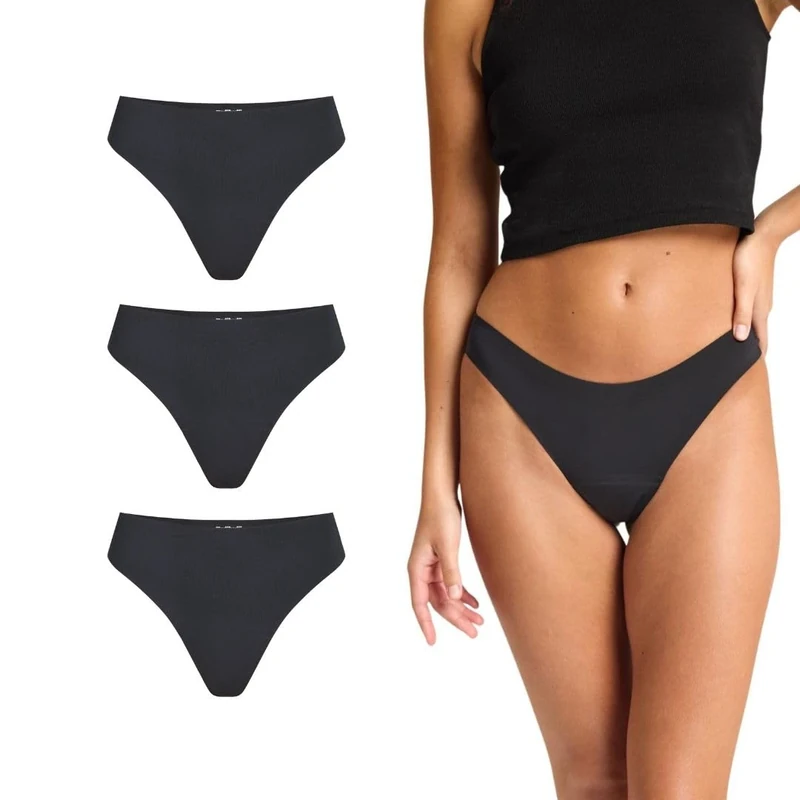 Modibodi Period Pants for Women - Seamfree Thong - 3 Pack Period Underwear Black - Light Flow 20 ML Absorbency - 10/S