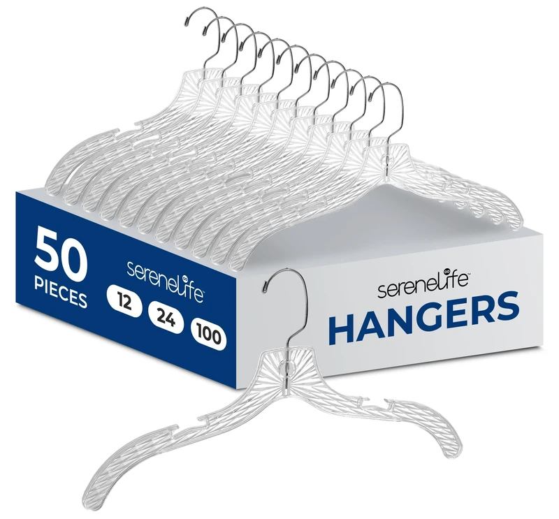SereneLife 50-Pack Transparent Plastic Hangers – Lightweight, Non-Slip Coat Hangers with Notched Shoulders and Swivel Hook for Clothes, Shirts, Suits, Dresses, Jackets, Ultra-Thin Space Saving Design