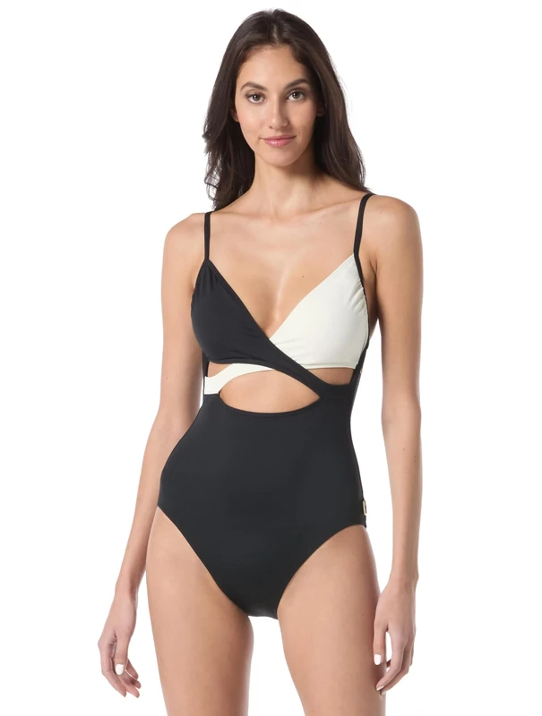 Vince Camuto Women's Crossover One Piece Swimsuit, Black/Cream, 18