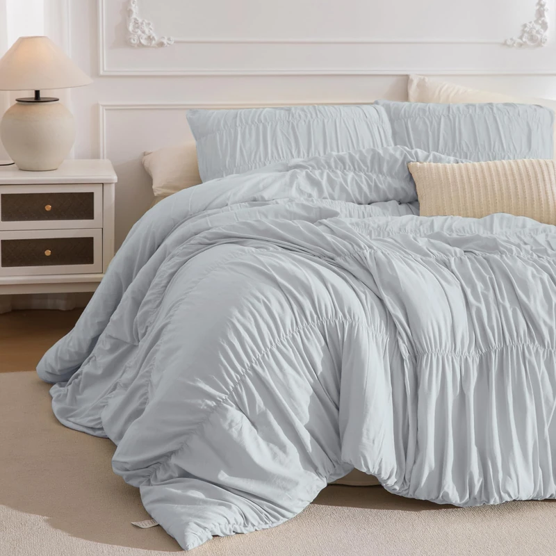 Masaca Oversized King Comforter(120"x98"),Light Blue Ruched Ruffle Bedding Comforter Set,3 Pieces Lightweight California King Farmhouse Shabby Boho Chic French Country Bedding Set for All Season