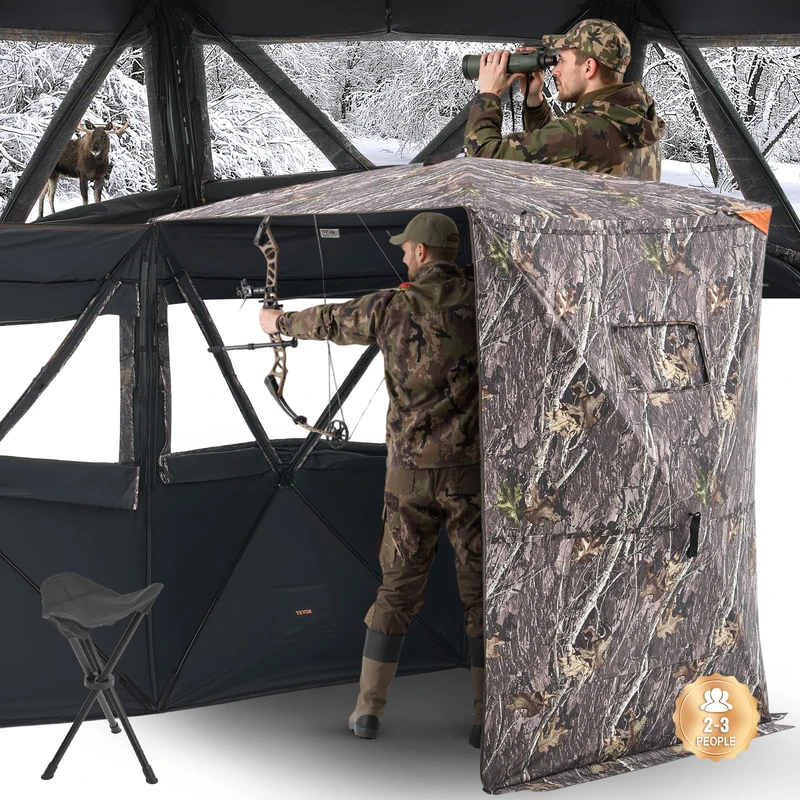 VEVOR Hunting Blind, 2-3 Person Thermal Ground Blinds with Tri-Leg Chair and Carrying Bag, Portable Camouflage Tent, Durable Concealed Shelter with Silent Zipper Door and Window, for Turkey Deer