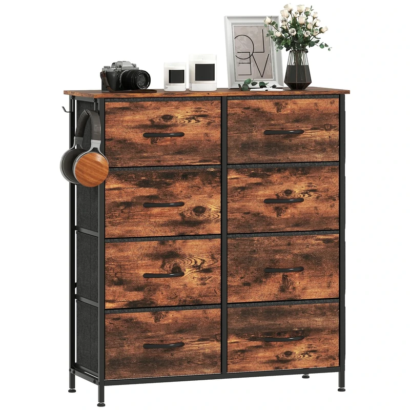 HOMCOM Chest of Drawers, Double Dresser for Bedroom with 8 Fabric Drawers, Tall Storage Unit with 4 Pockets, 2 Hooks and Steel Frame for Living Room, Hallway, Rustic Brown