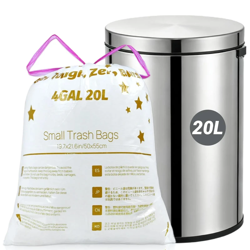 OKKEAI 20L Bin Liners – White Kitchen & Household Drawstring Garbage Bags, 50×55cm, 60 Count, Strong, Tear-Resistant, Leakproof, Easy to Tie, Hold Food Waste & Daily Rubbish