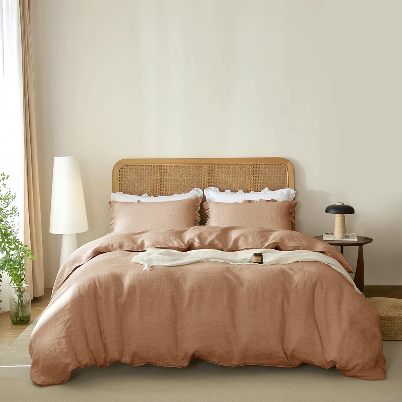 Talasily 100% French Linen Duvet Cover Set 2pc - Zipper Closure & 8 Corner Ties with Ruffled Pillowcases All-Season Breathable Bedding (Twin,Matcha Brown)