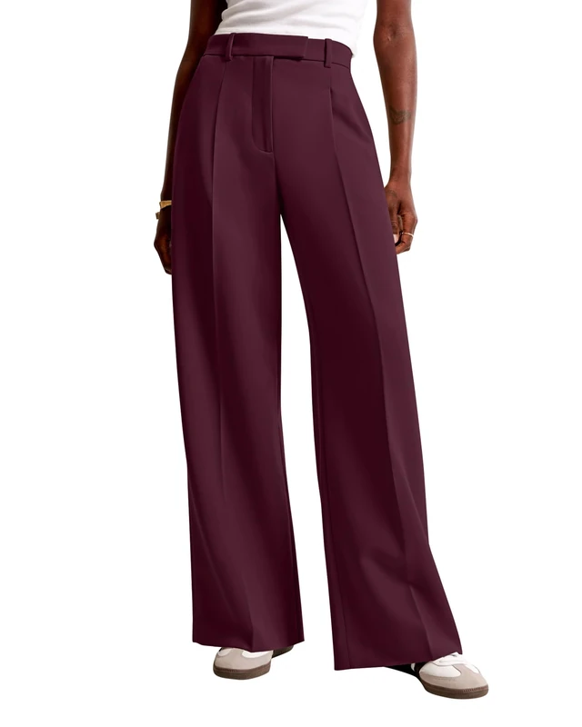 NIMIN Women Wide Leg Pants High Waisted Business Casual Work Trousers Dressy Pants with Pockets, Burgundy, Large - Image 1