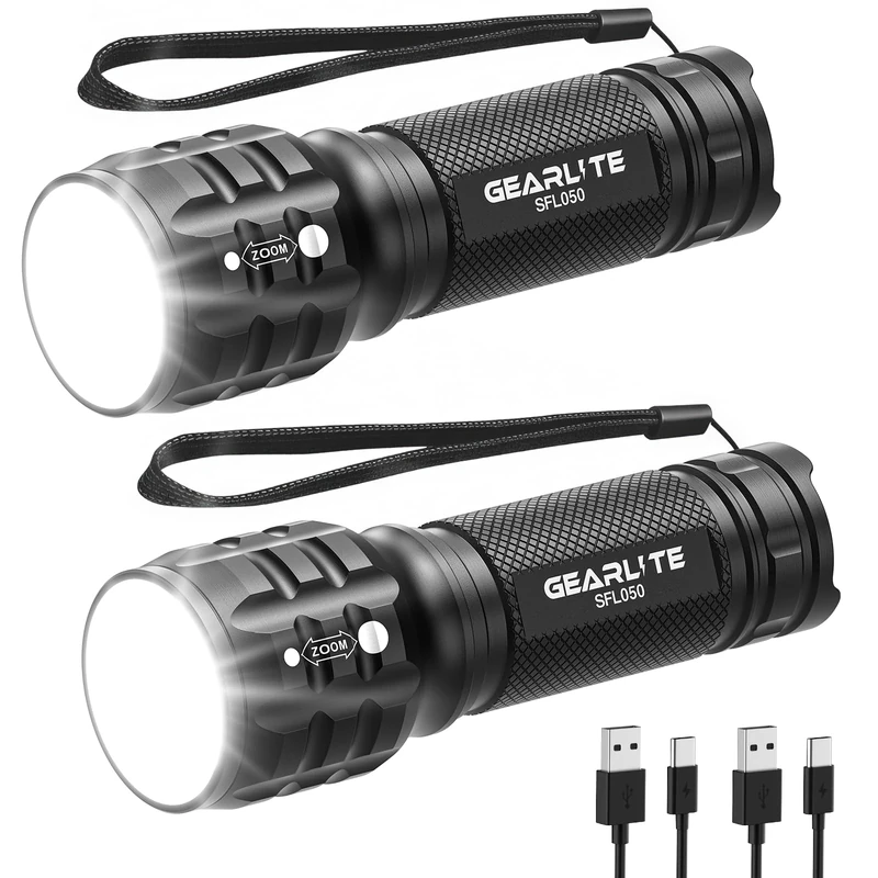 GEARLITE Rechargeable Torch 2 Pack, 2000LM Torches LED Super Bright Adjustable Focus, Waterproof Small Torch with 3 Lighting Modes, LED Torches for Dog Walking, Emergency, Power Cut, Gift for Dad Him